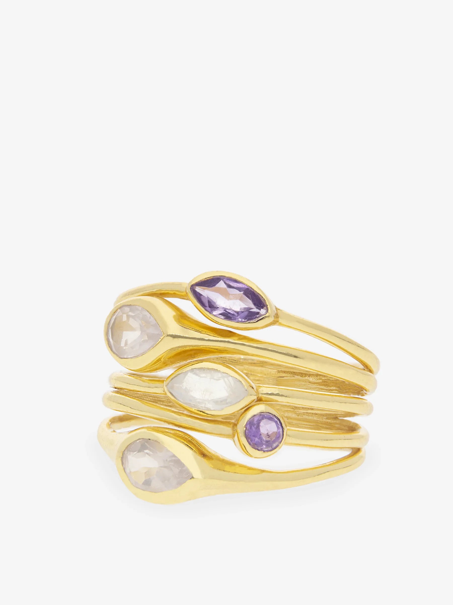 Anillo de plata de ley chapada en oro, con cuarzo rosa y amatista.