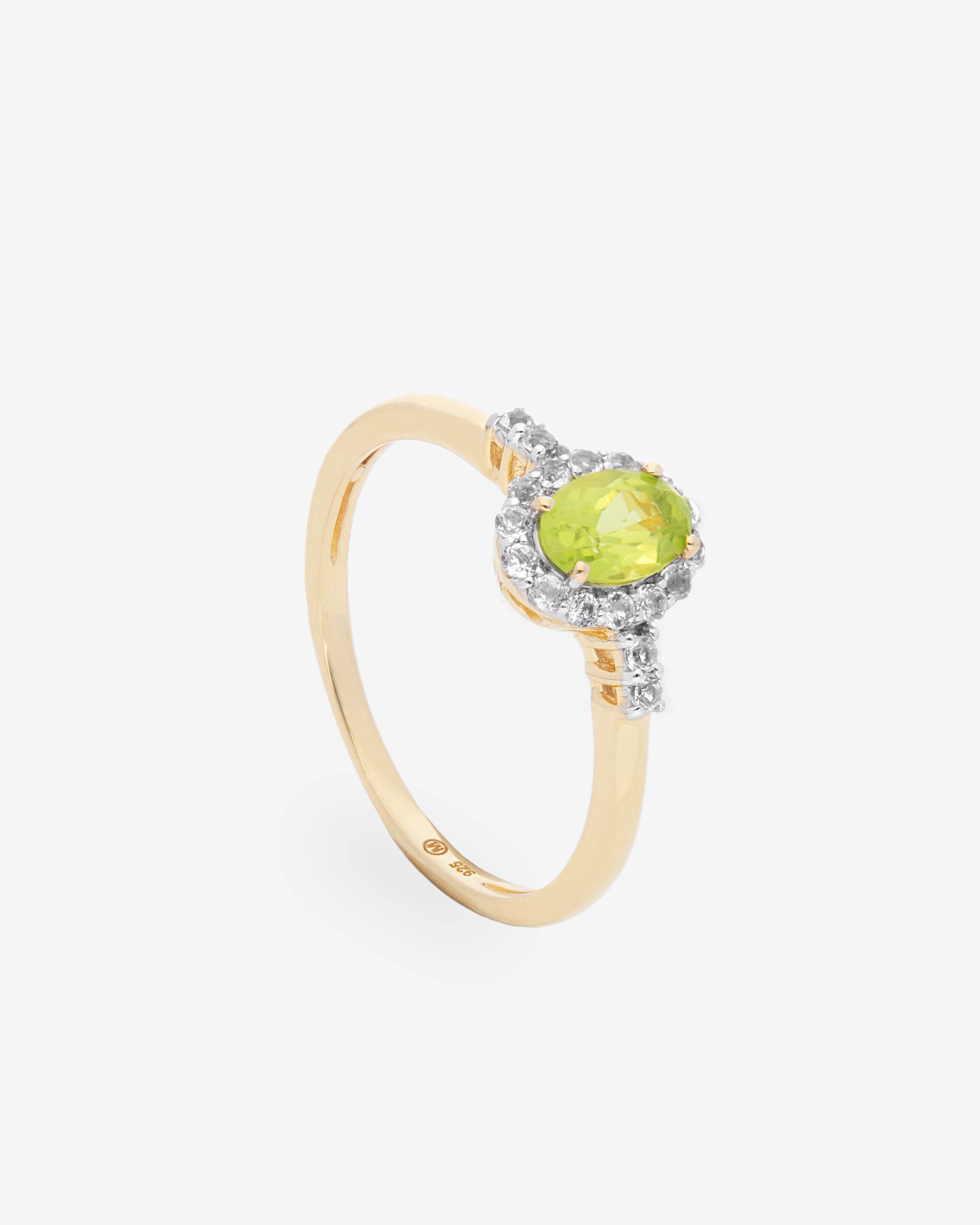 Anillo con Piedra de Peridoto y Topacio blanco en Plata chapado en oro en posición vertical