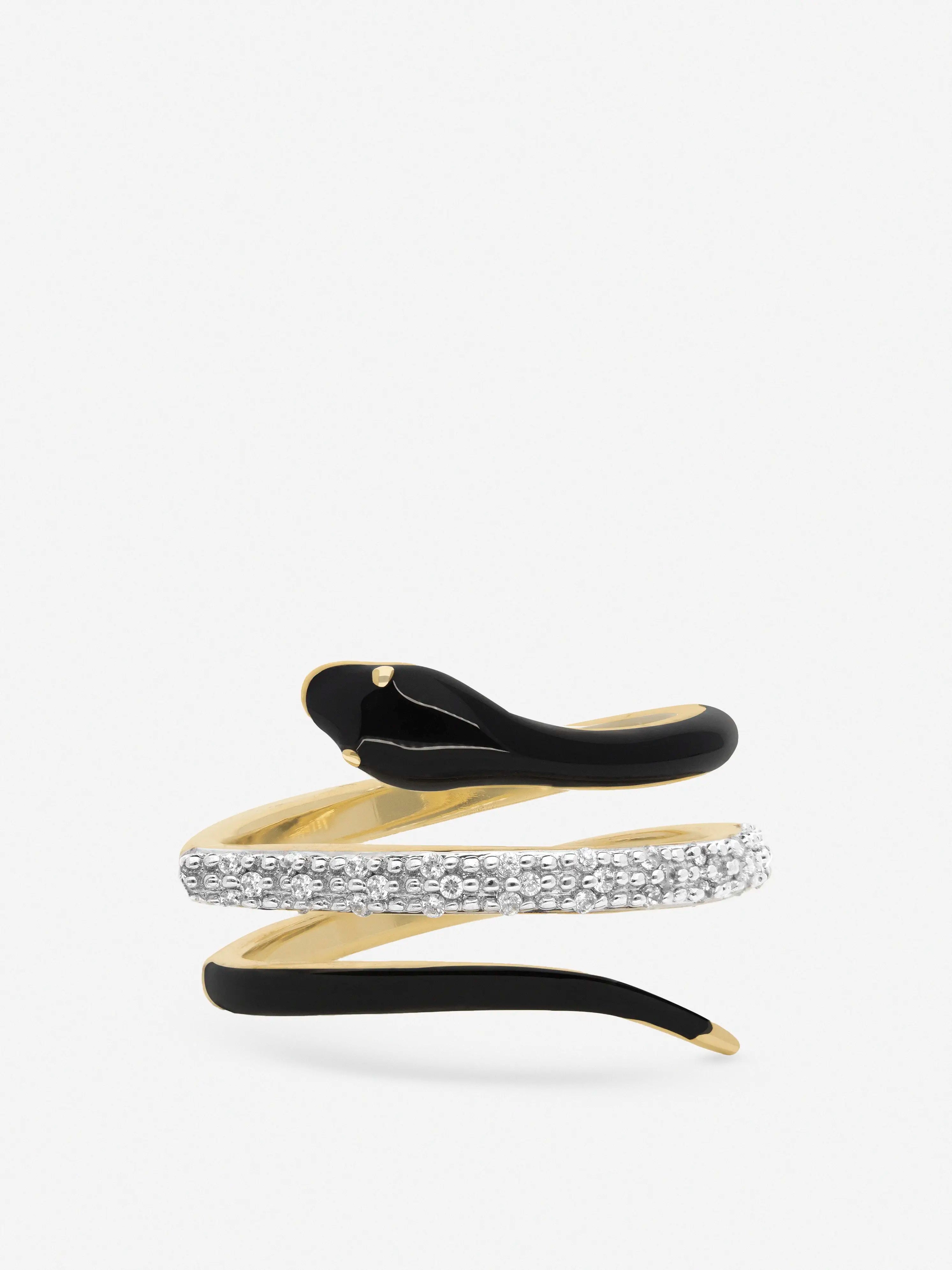 Anillo de plata chapado en oro con forma de serpiente hecha con esmalte negro y topacio blanco
