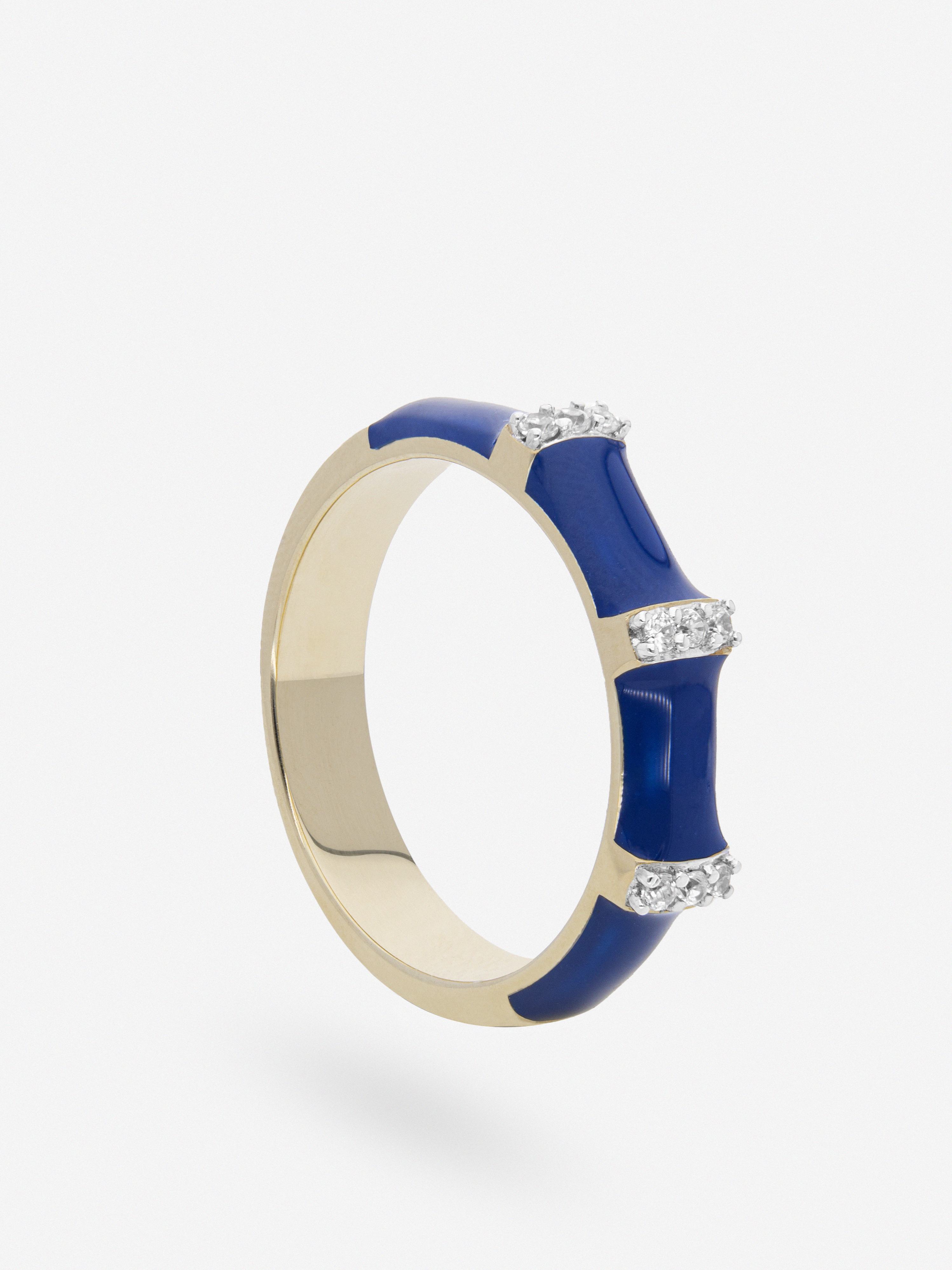 Anillo de Banda de 3 Filas con Esmalte Azul y Topacio Blanco