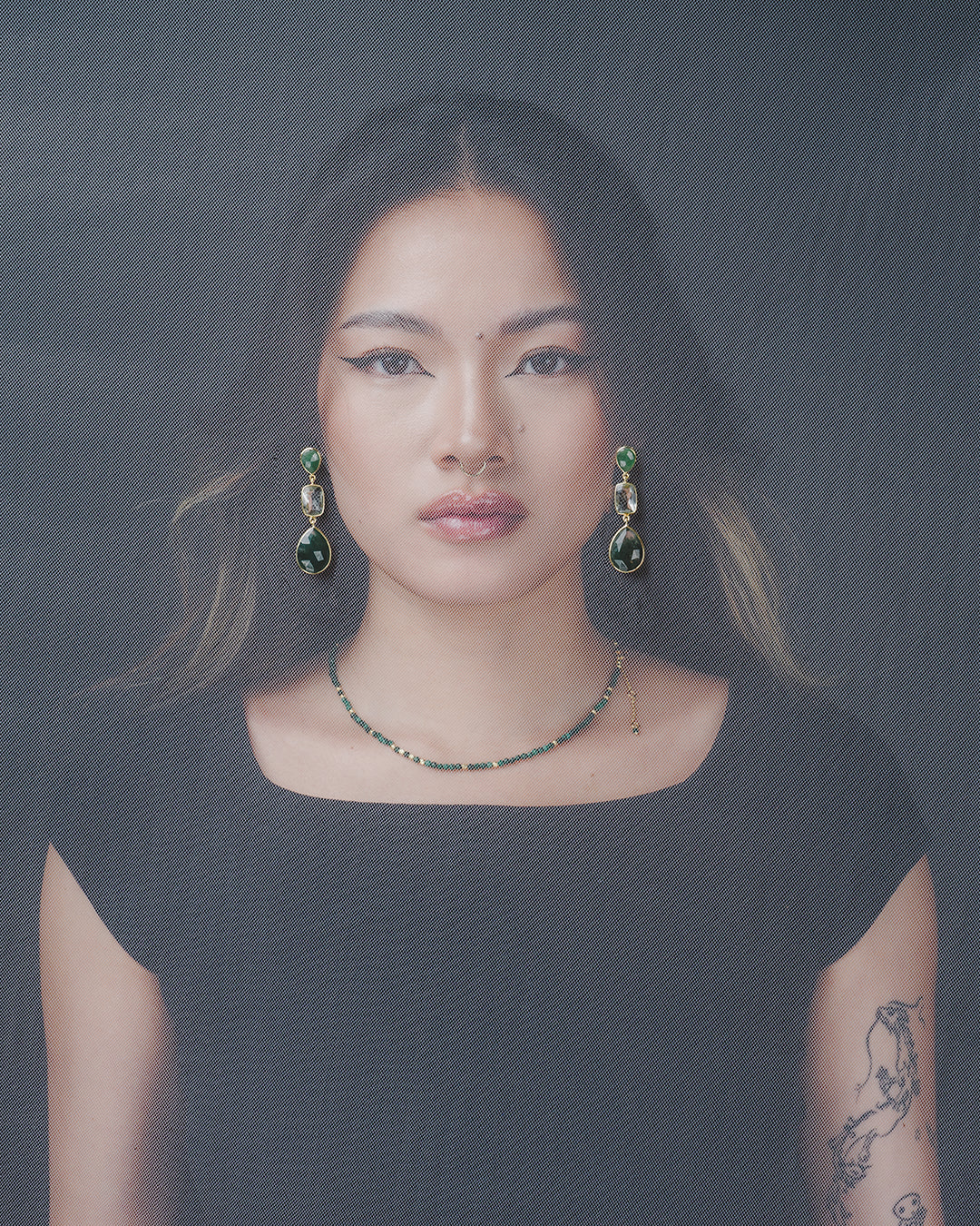 Long earrings made of gold-plated 925 silver, green aventurine, green amethyst and mugose agate