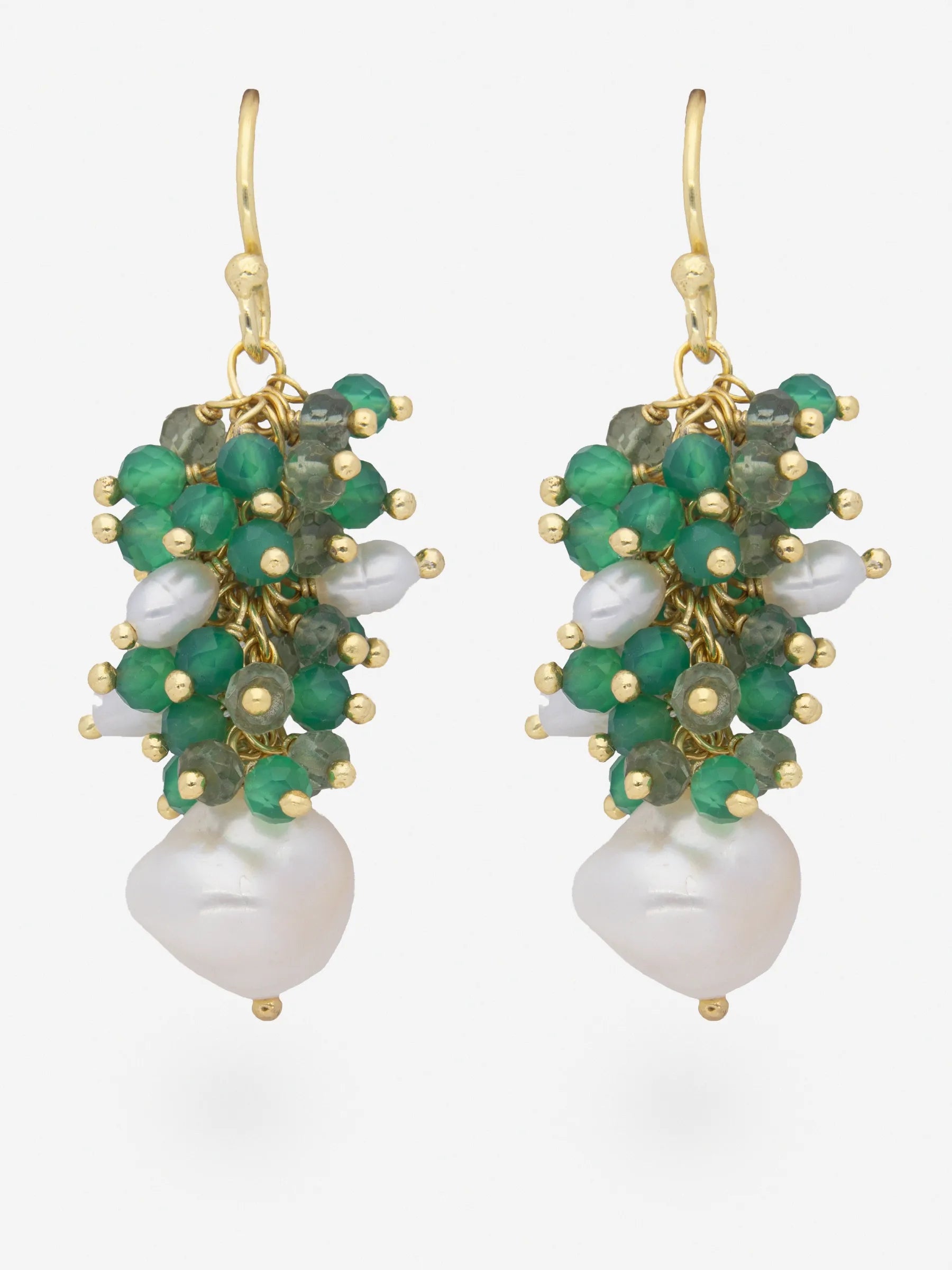 Dangle earrings in gold-plated 925 silver, pearls, green onyx and green apatite