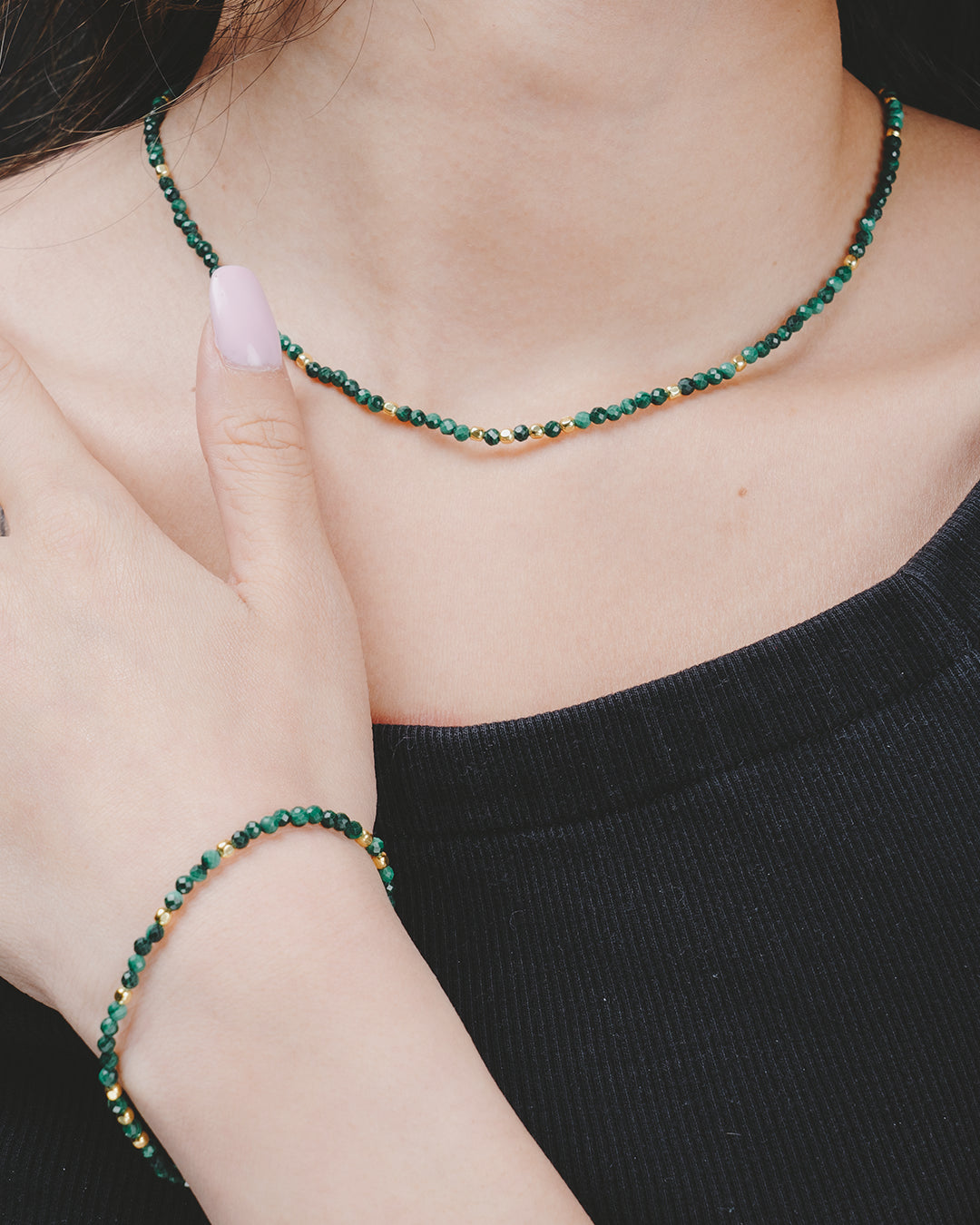 925 gold plated silver necklace with malachite beads